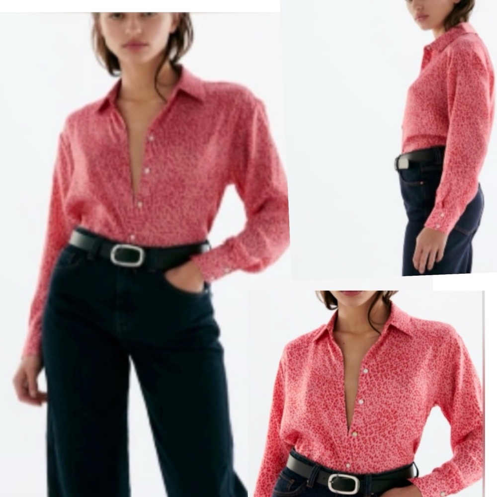 Zara satin Women's Red red leopard Patterned Button-Up Shirt Sz S long sleeves